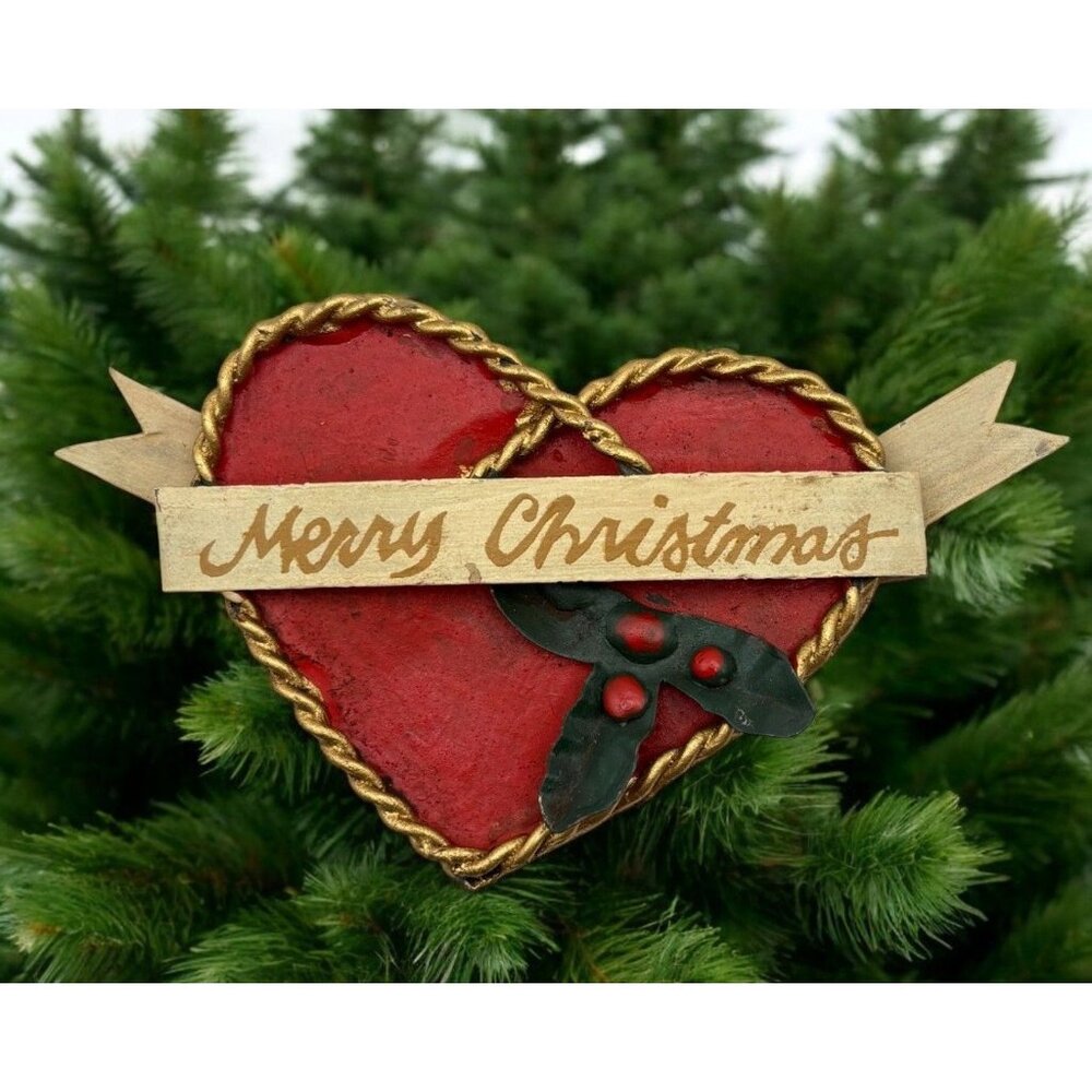 Vintage Red Heart Merry Christmas Banner Tree Ornament Holly Leaves Rustic